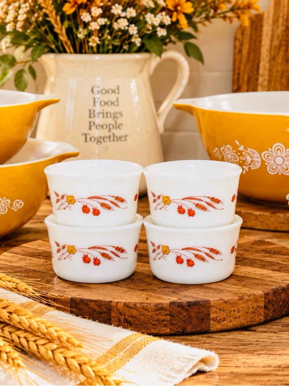 Vintage PYREX Harvest Home Ramekins Set of 4 – 4" Wheat Floral – HTF 1980s